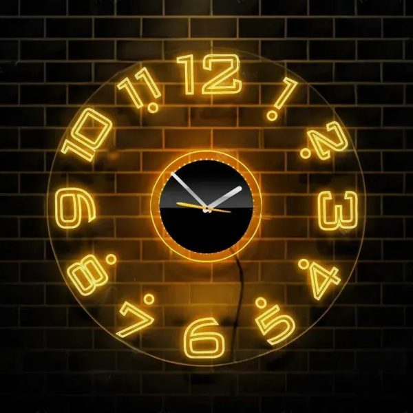 Neon Light Analog Modern Wall Clock - Illuminate with Neon LED Backlight