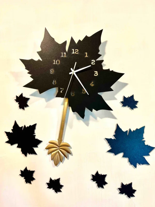 Black Maple Leaf Wall Clock with Pendulum - Image 3