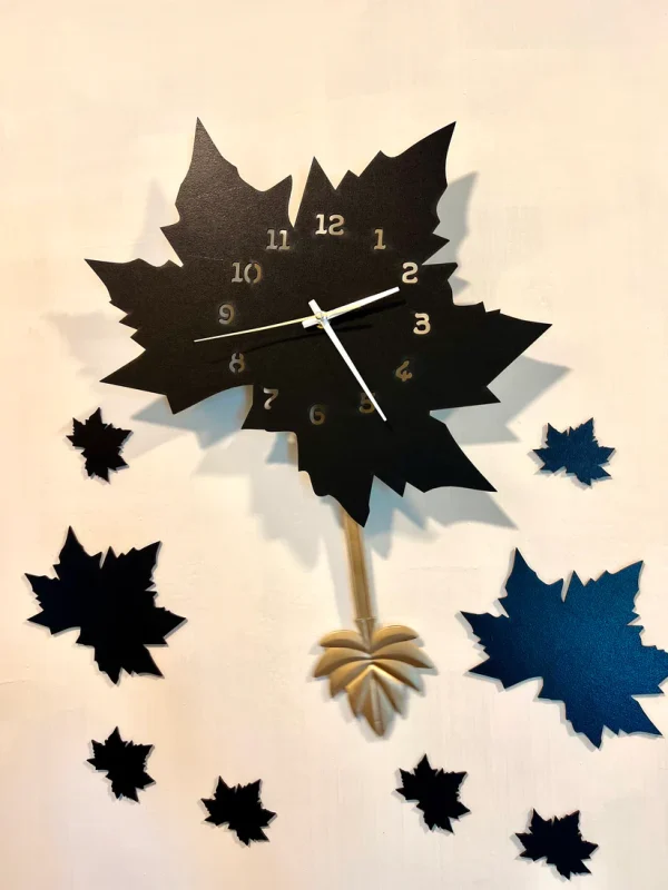 Black Maple Leaf Wall Clock with Pendulum - Image 2