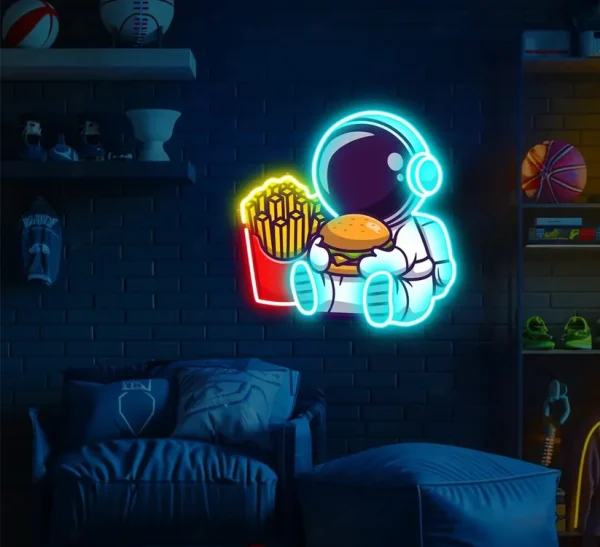 Astronaut Chillin with Burger UV Neon Sign – Brighten Your Space with Cosmic Vibes!