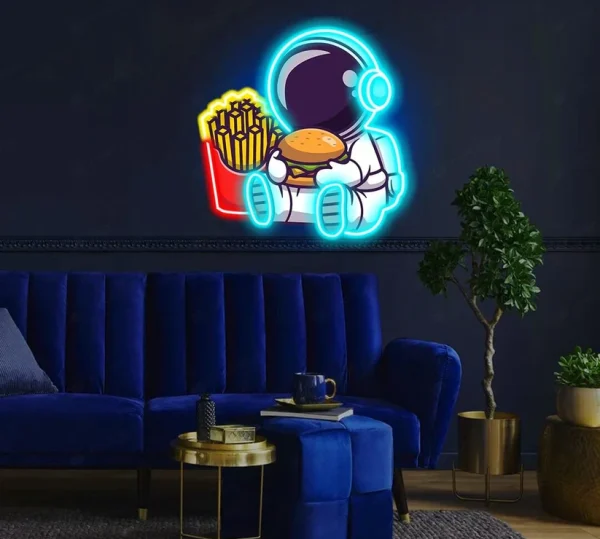 Astronaut Chillin with Burger UV Neon Sign – Brighten Your Space with Cosmic Vibes! - Image 2